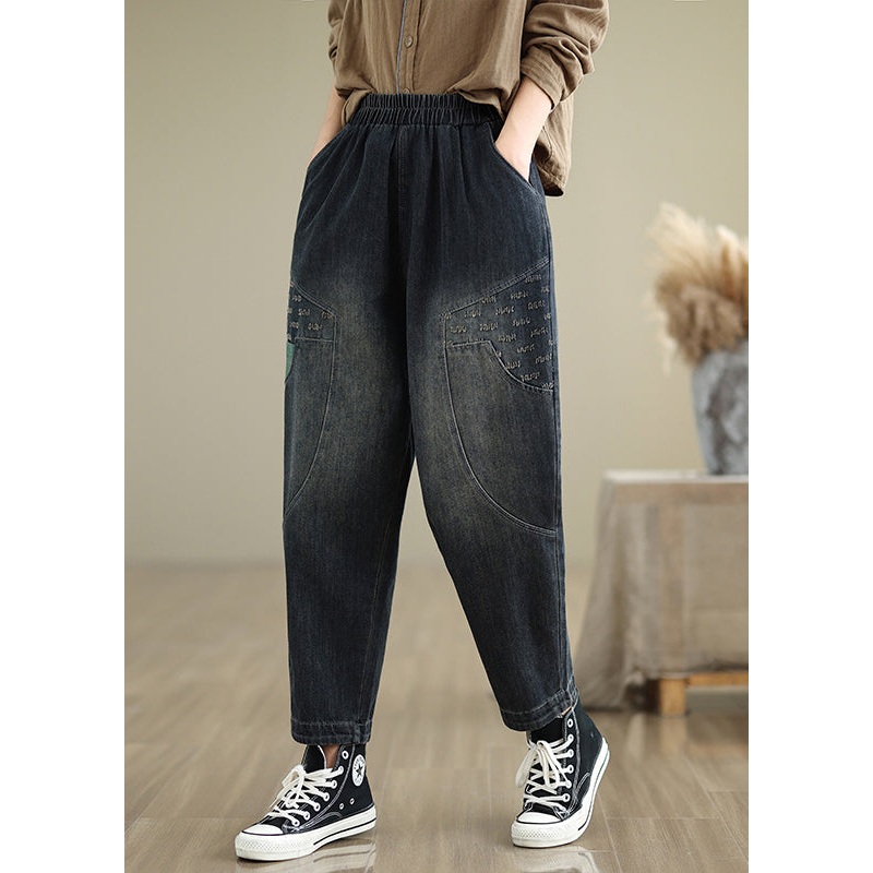 Women Navy Pockets Elastic Waist Denim Pants Fall