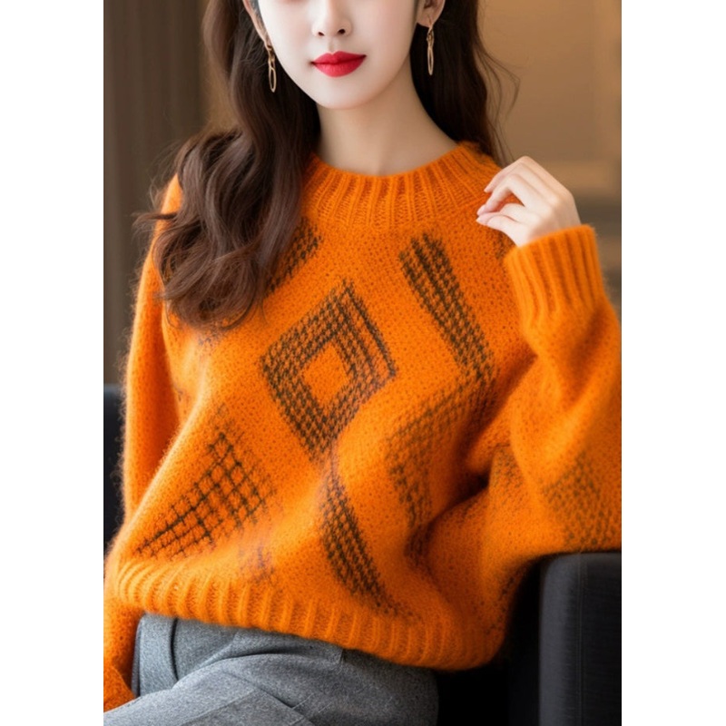 Women Orange O Neck Cozy Thick Cotton Knit Sweaters Long Sleeve