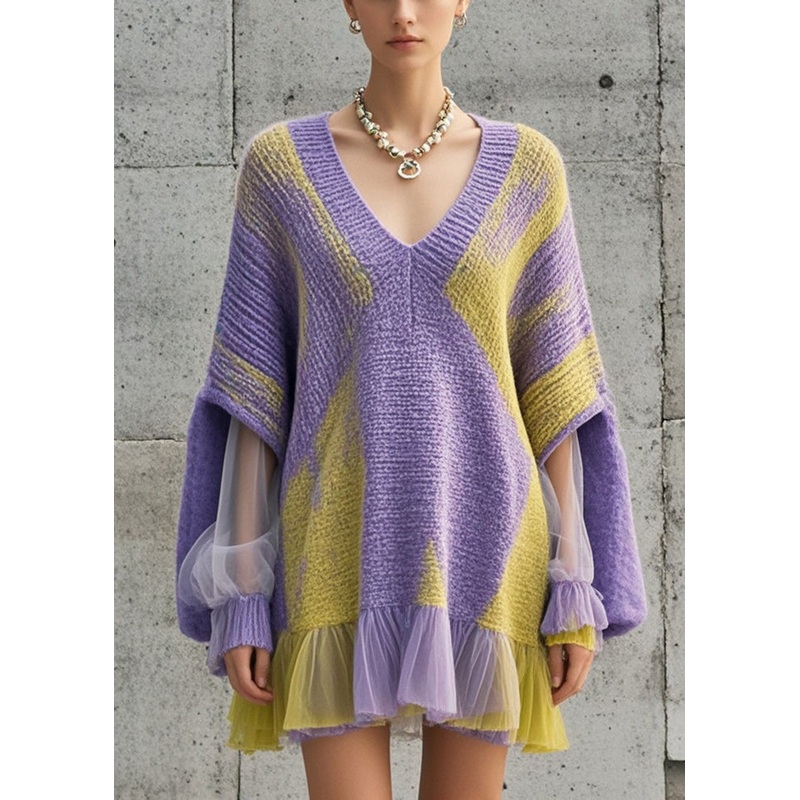 Women Purple Oversized Patchwork Tulle Knit Dress Fall