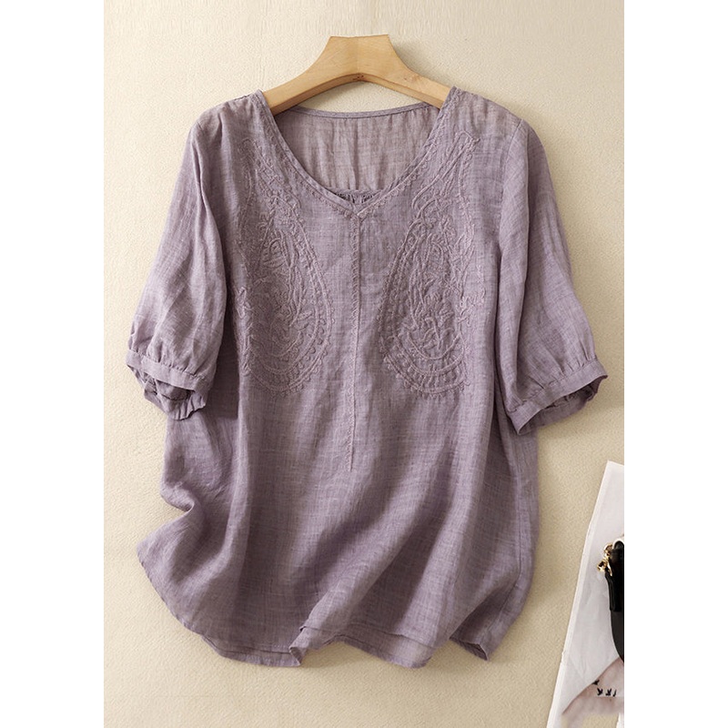 Women Purple V Neck Embroidered Linen T Shirt Summer
