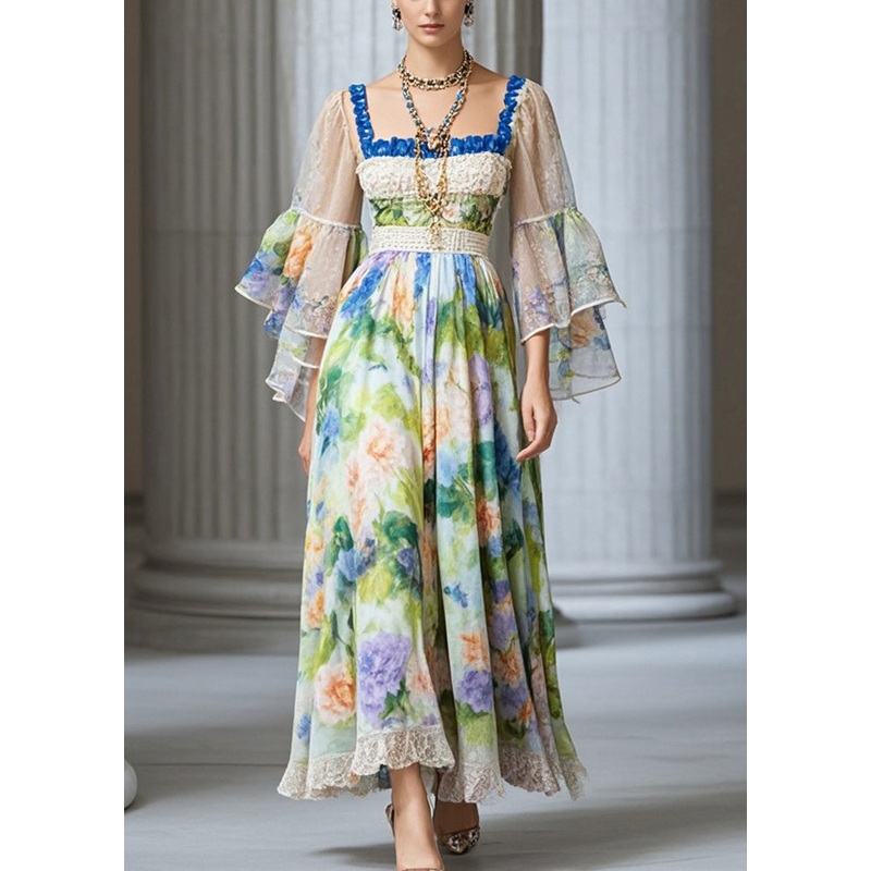 Women Square Collar Print Chiffon Vacation Dresses Fall