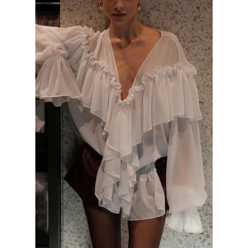 Women White V Neck Ruffled Patchwork Chiffon Shirt Flare Sleeve