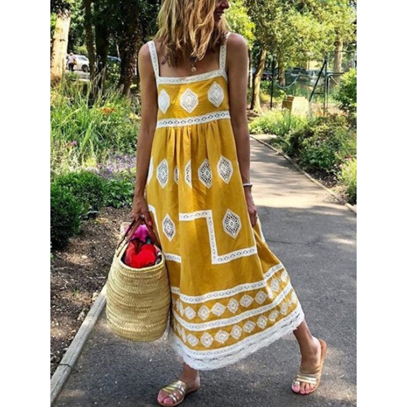Yellow Square Neck Boho Print Tank Maxi Dress