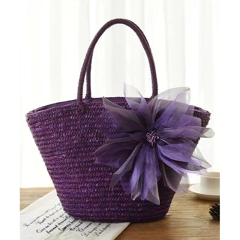 2024 Fashion Purple Flower Grass Woven Handbag