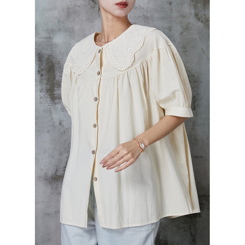 Apricot Patchwork Cotton Blouse Top Peter Pan Collar Summer