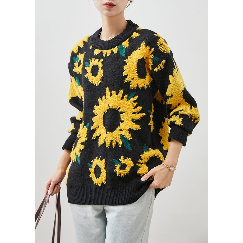 Art Black Oversized Sunflower Jacquard Knit Sweaters Winter