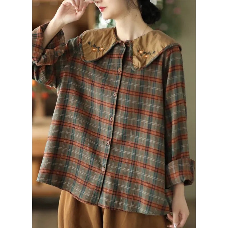 Art Green Plaid Embroidered Cotton Blouses Spring