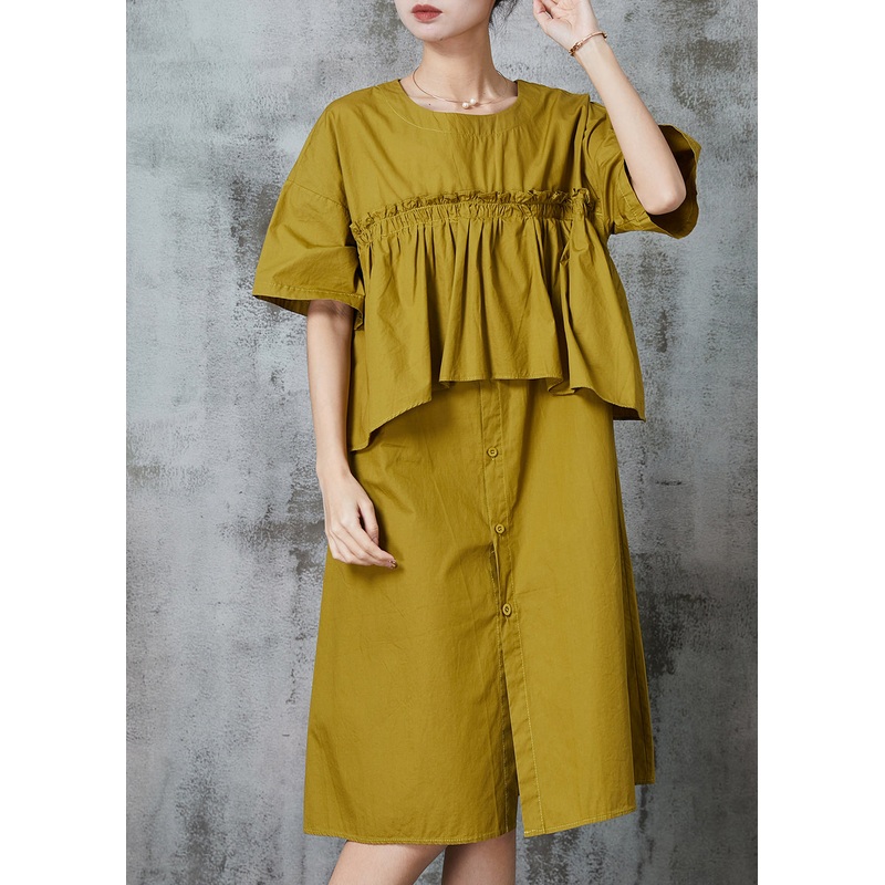 Art Green Ruffled Patchwork Cotton Robe Dresses Summer