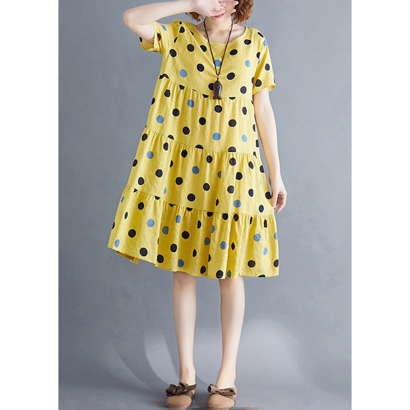 Art Yellow Dot Print Patchwork Holiday Mid Dress Short Sleeve