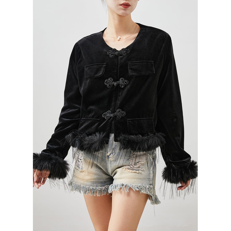 Beautiful Black Chinese Button Patchwork Feather Silk Velour Jackets Spring