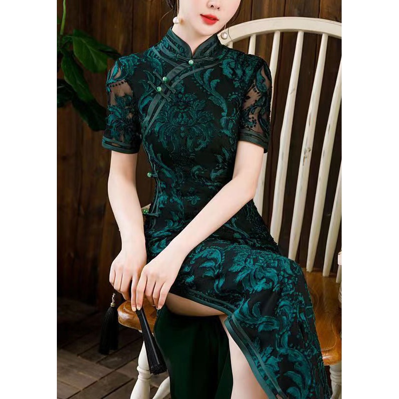 Beautiful Blackish Green Stand Collar Side Open Silk Dress Short Sleeve