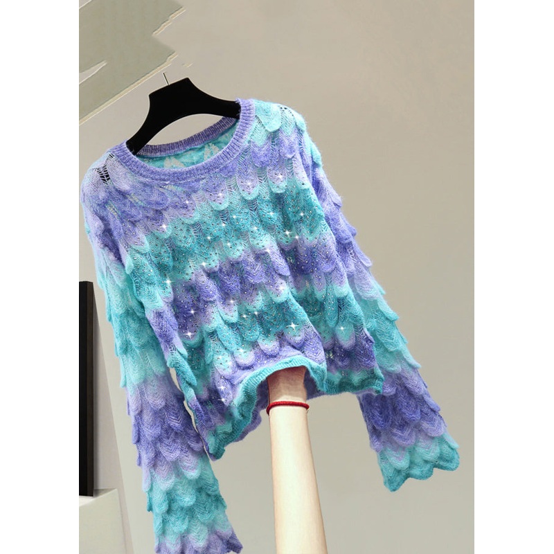 Beautiful Blue O-Neck Zippered Hollow Out Cotton Knit Sweater Flare Sleeve