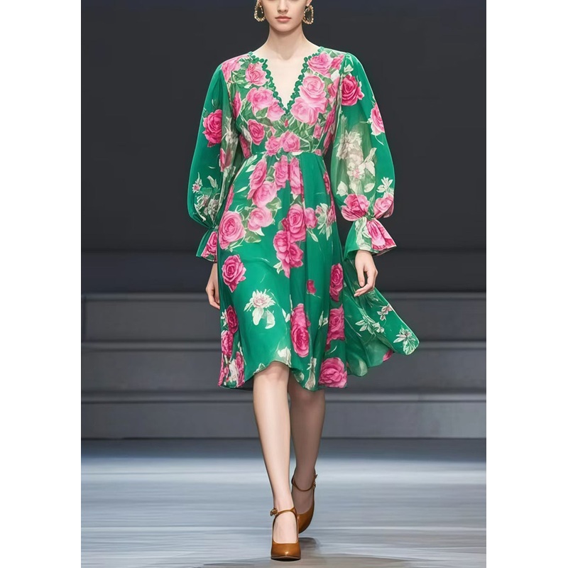 Beautiful Green V Neck Floral Print Chiffon Tea Dress Fall
