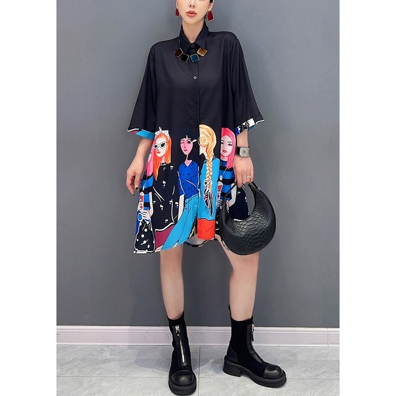 Black Button Cotton Blouses Peter Pan Collar Half Sleeve