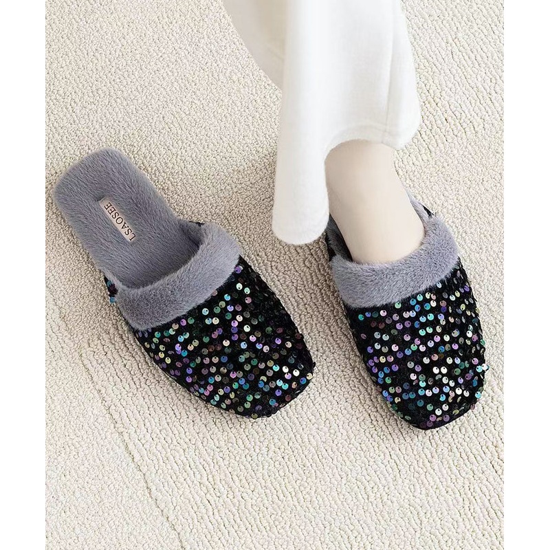 Black Cotton Fabric Slippers Shoes Sequins Fuzzy Wool Lined