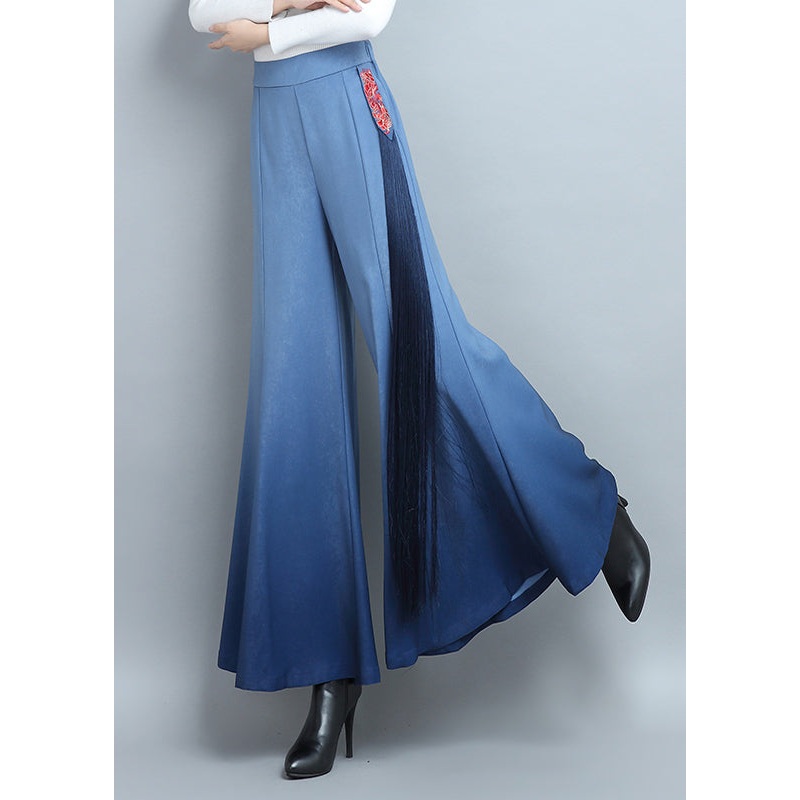 Blue Elastic Waist Cotton Wide Leg Pants Tasseled Spring