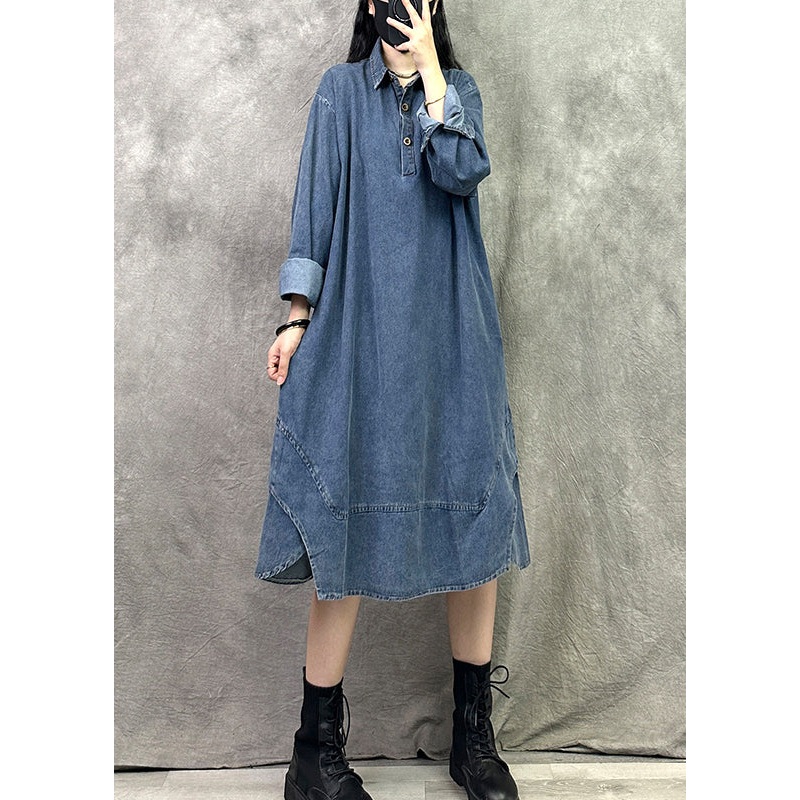 Blue Patchwork Denim Shirts Dresses Peter Pan Collar Long Sleeve