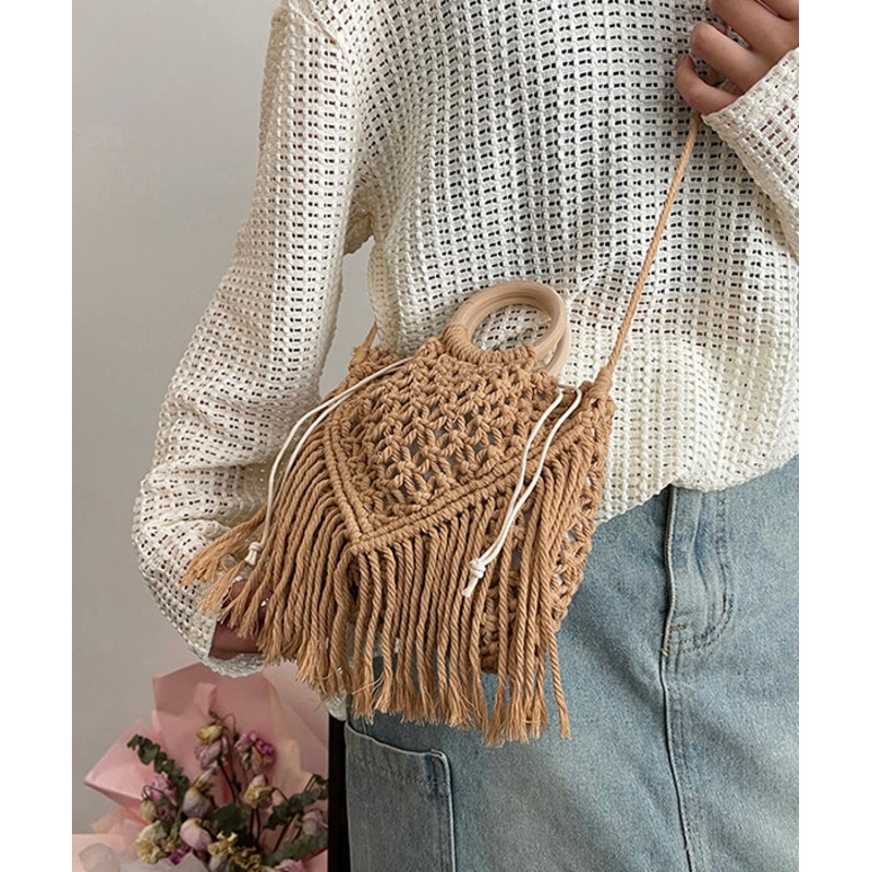 Bohemian Khaki Tassel Hollow Out Woven Crossbody Bag