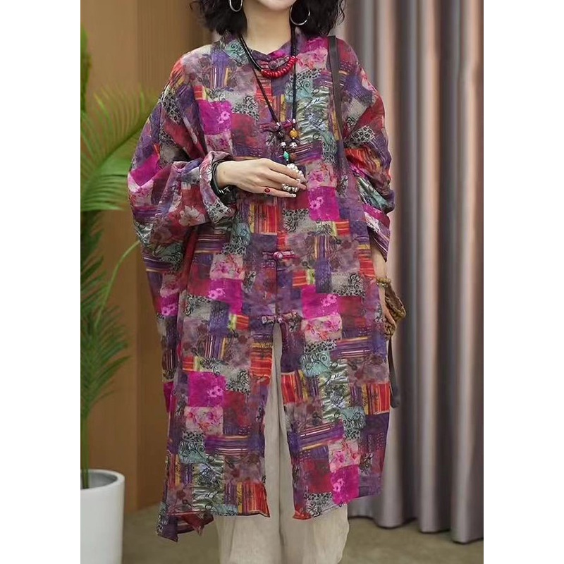 Bohemian Stand Collar Print Chinese Button Cotton Mid Shirts Long Sleeve