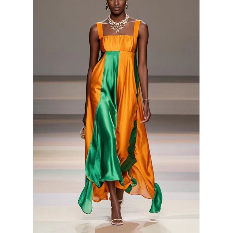 Bohemian Yellow Asymmetrical Patchwork Silk Cami Dresses Summer