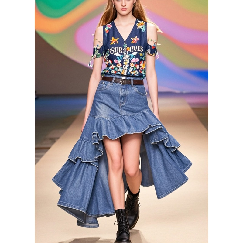 Boho Blue Ruffles Low High Design Denim Holiday Skirts Spring