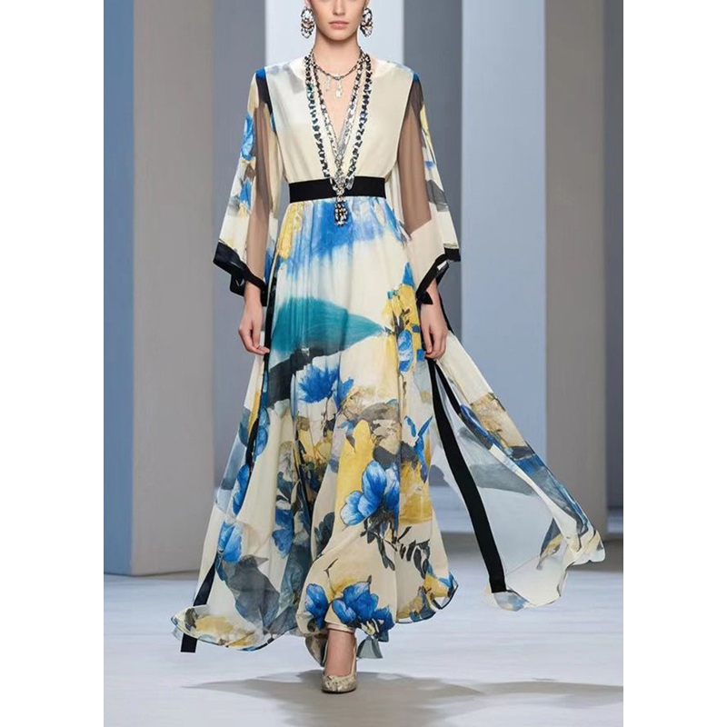 Boho Cinched Print Exra Large Hem Chiffon Long Dress Fall