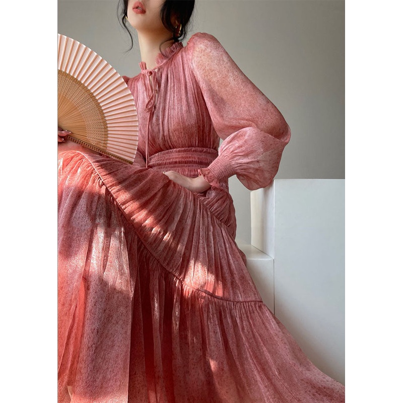 Boho Pink Ruffles Patchwork Lace Up Silk Maxi Dresses Spring