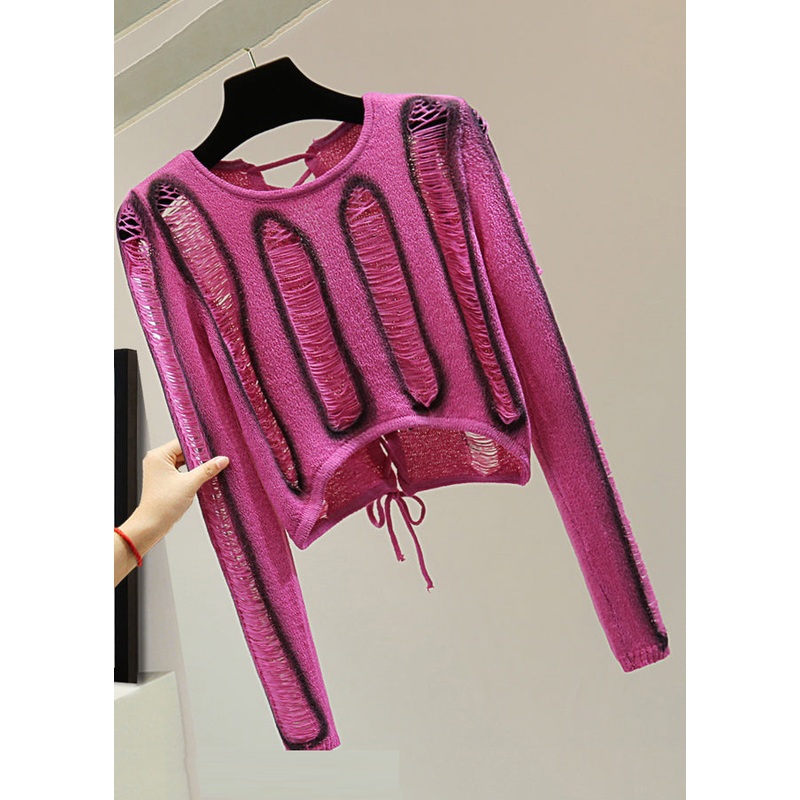 Boho Rose Hole Tie Waist Cotton Knit Sweaters Spring