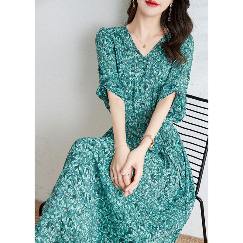 Boutique Green V Neck Print Tie Waist Chiffon Dresses Summer