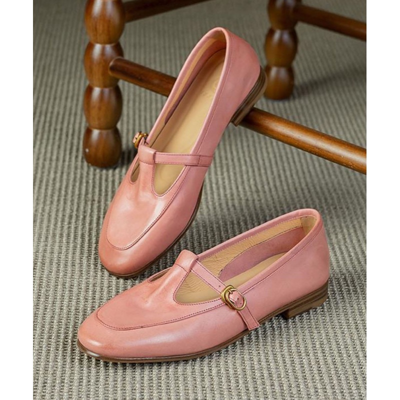 Boutique Pink Cowhide Leather Splicing Flat Shoes Buckle Strap