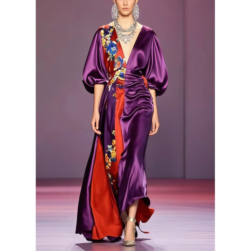 Boutique Purple Asymmetrical Design Silk Vestidos Dresses Puff Sleeve