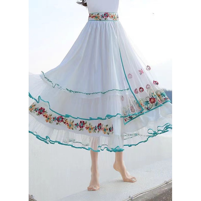 Boutique White Ruffled Embroideried Patchwork Chiffon Skirt Summer