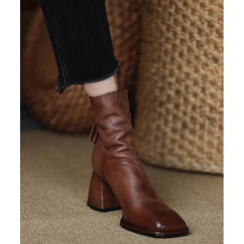 Brown Boots Chunky Cowhide Leather Women Splicing Zippered