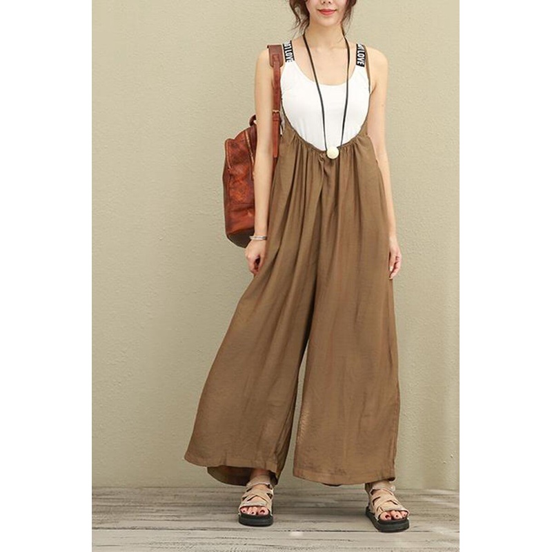 Brown Wide Leg Loose Cotton Overalls Women Clothes