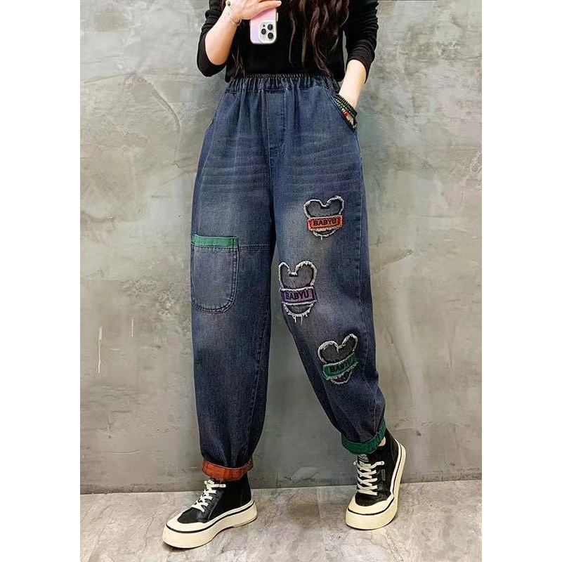 Casual Blue Pockets Patch Elastic Waist Denim Pants Spring