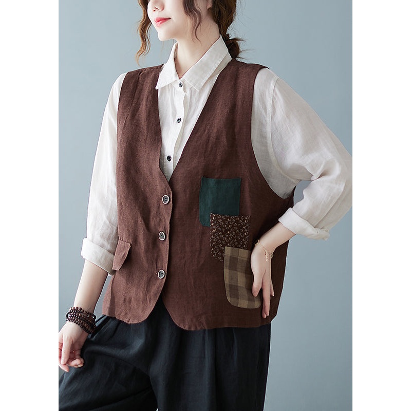 Casual Coffee V Neck Pockets Button Cotton Vest Tops Sleeveless