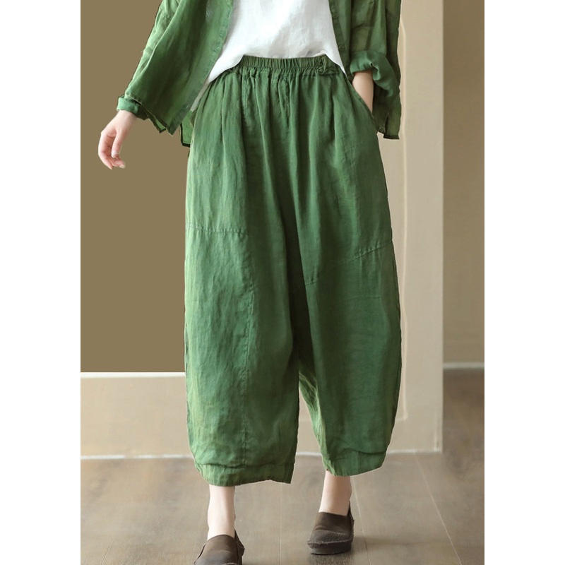 Casual Green Solid Pockets High Waist Linen Wide Leg Pants