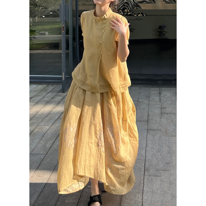 Casual Yellow Lace Patchwork Tops And Skirts Cotton Two Pieces Set Summer