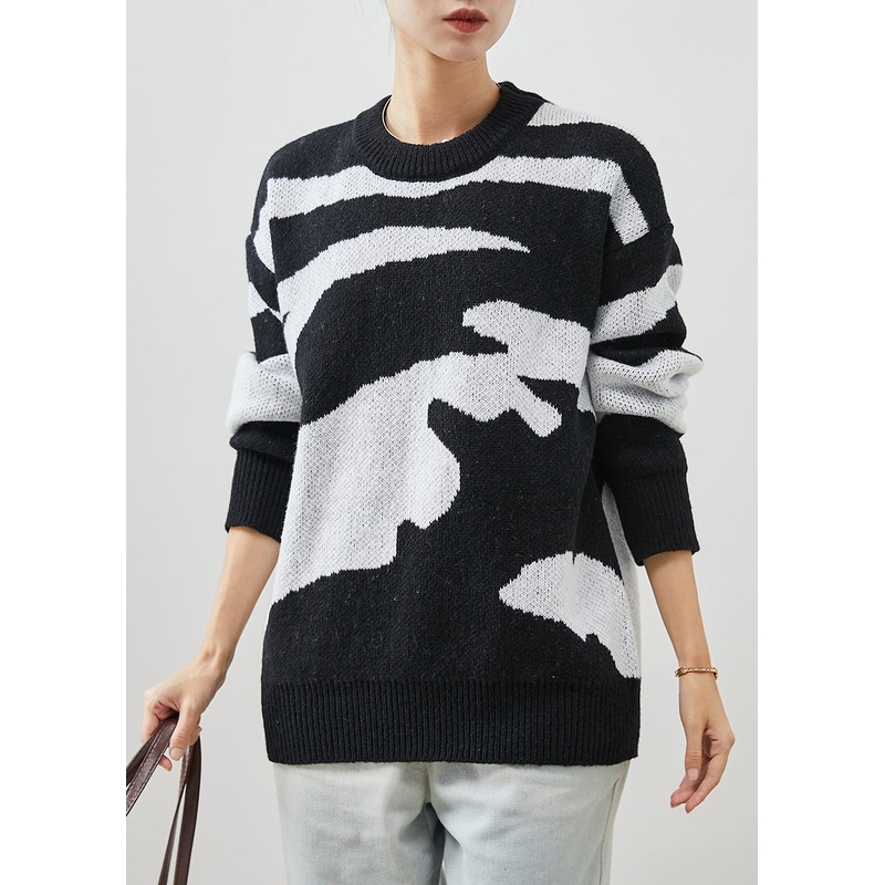 Chic Black Oversized Print Thick Knitted Tops Winter
