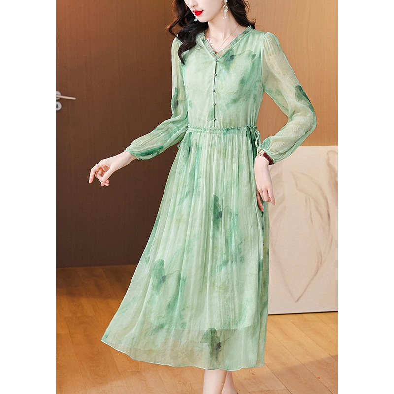 Chic Green Ruffled Print Lace Up Chiffon Dress Summer