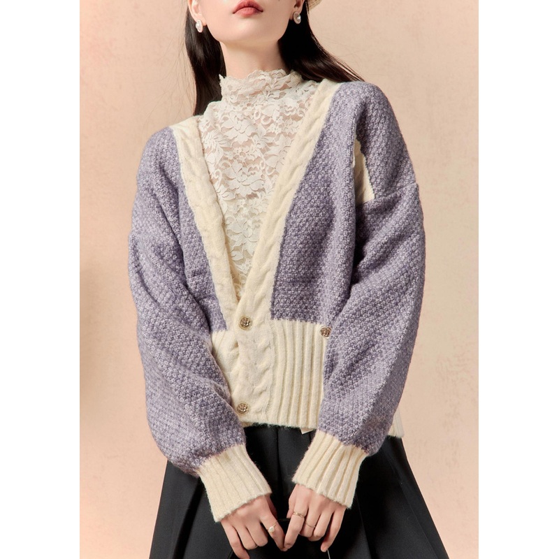 Chic Purple V Neck Button Patchwork Knit Cardigan Winter