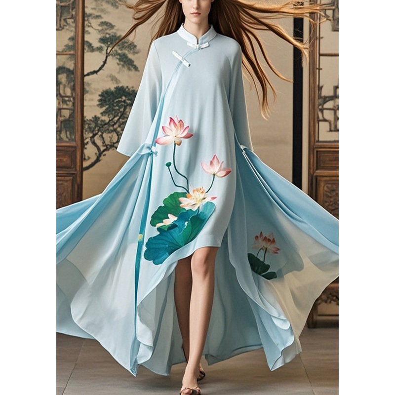 Chic Sky Blue Asymmetrical Lotus Print Chiffon Oriental Dress Fall