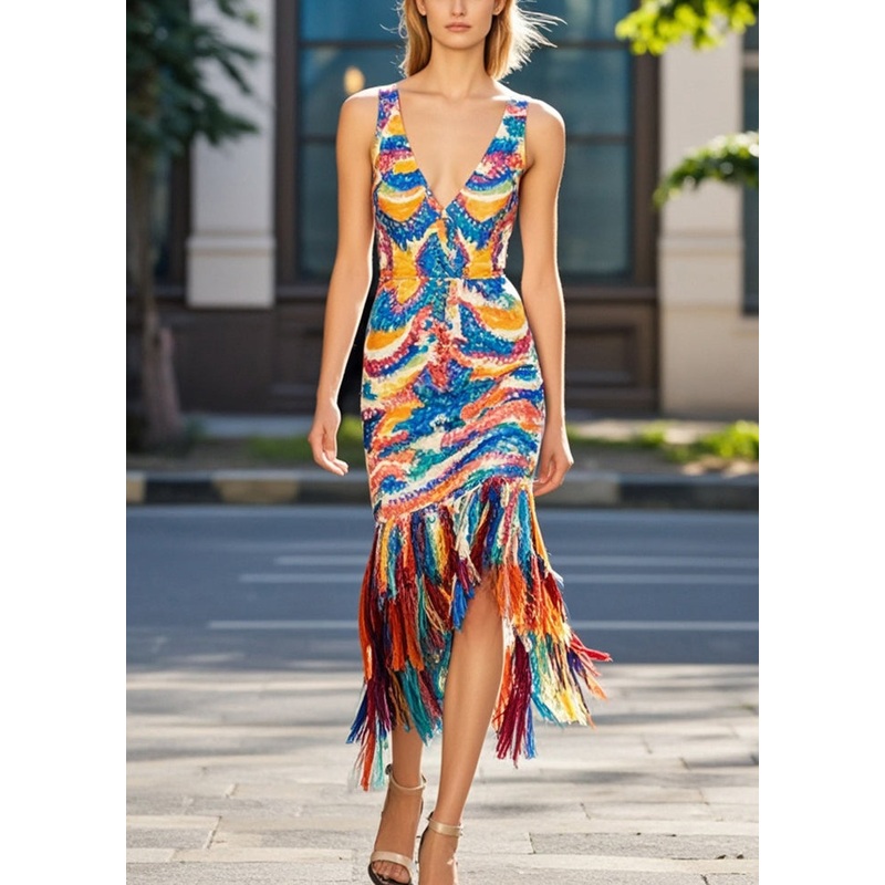 Chic Tasseled Print Knit Party Dress Summer