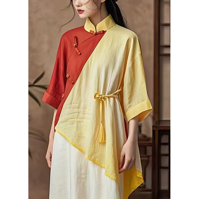 Chinese Style Pink Asymmetrical Button Cotton Blouses Half Sleeve