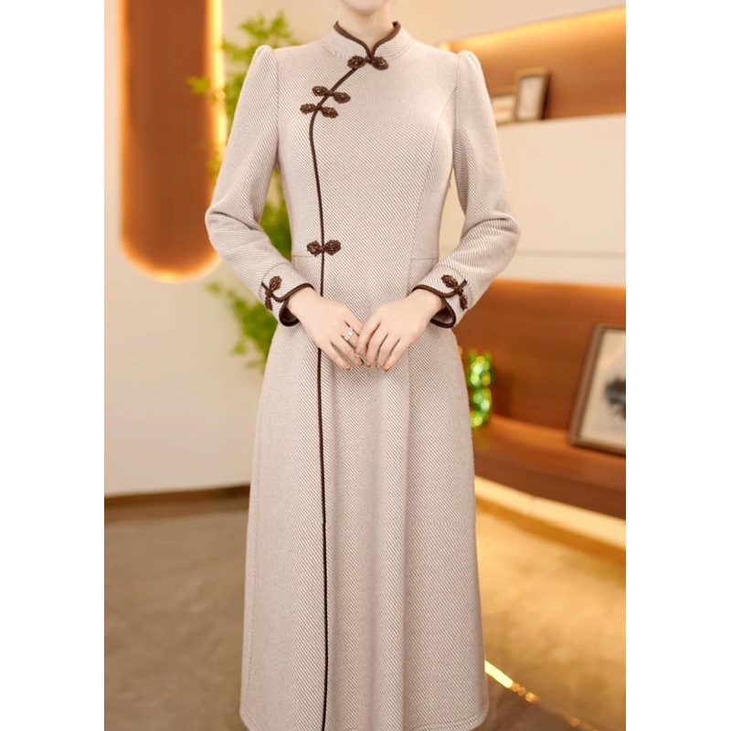 Chinese Style Stand Collar Oriental Button Cotton Long Dress Spring
