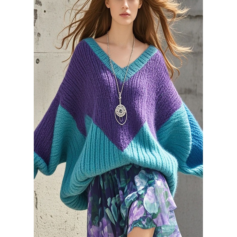 Cozy Colorblock Oversized Patchwork Sweater Tops Fall