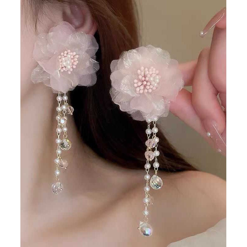 Cute Pink Crystal Pearl Tulle Floral Tassel Drop Earrings