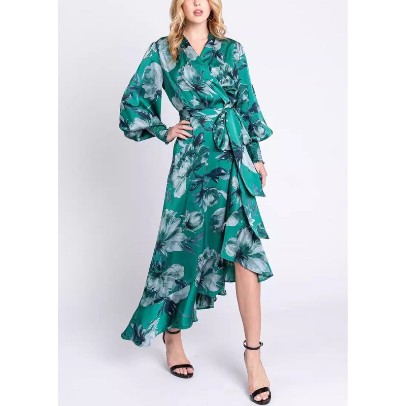 Elegant Green V Neck Print Lace Up Cotton Long Dresses Long Sleeve