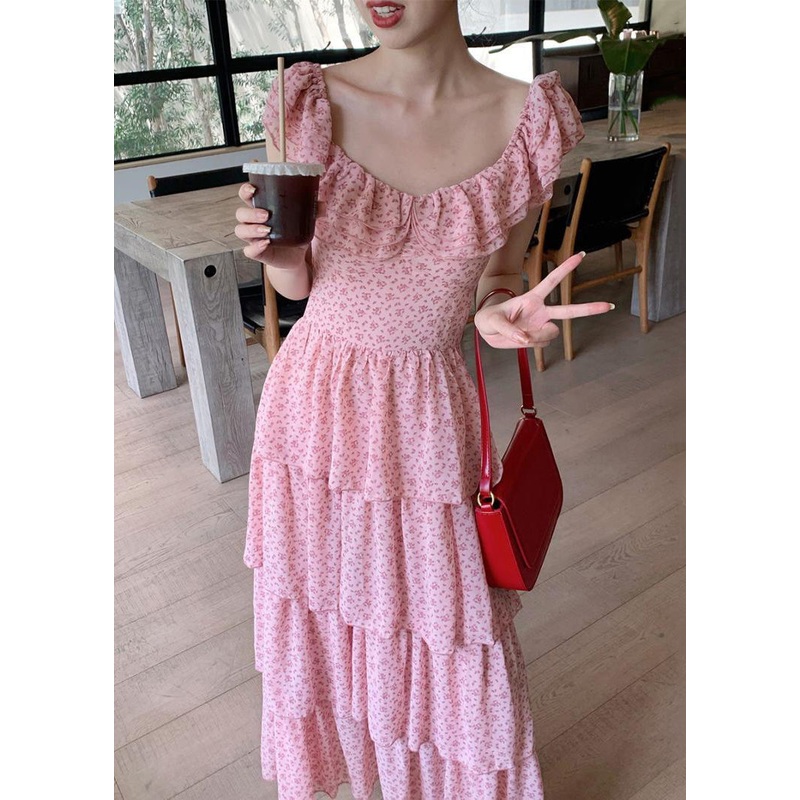 Elegant Pink Ruffled Print Chiffon Long Dress Summer