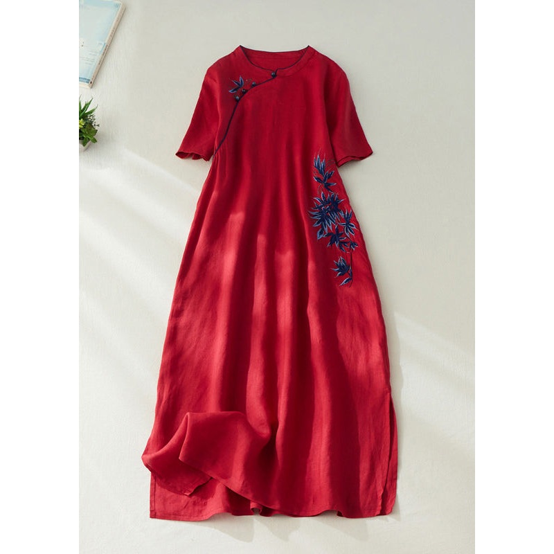 Elegant Red Embroidered Side Open Long Dress Short Sleeve